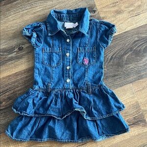 U.S. Polo Assn. Girls Denim Blue Ruffled Dress with Pink Logo